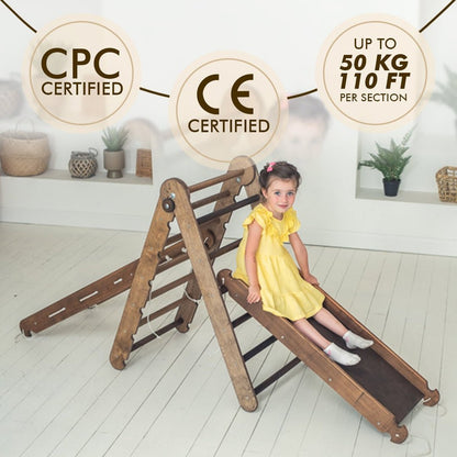 Ensemble d'escalade Montessori 4 en 1 : Échelle triangulaire + Arche/Balançoire + Toboggan/Rampe + Filet – Chocolat