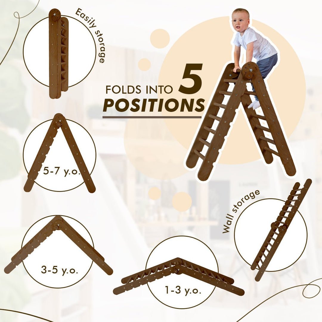Ensemble d'escalade Montessori 4 en 1 : Échelle triangulaire + Arche/Balançoire + Toboggan/Rampe + Filet – Chocolat