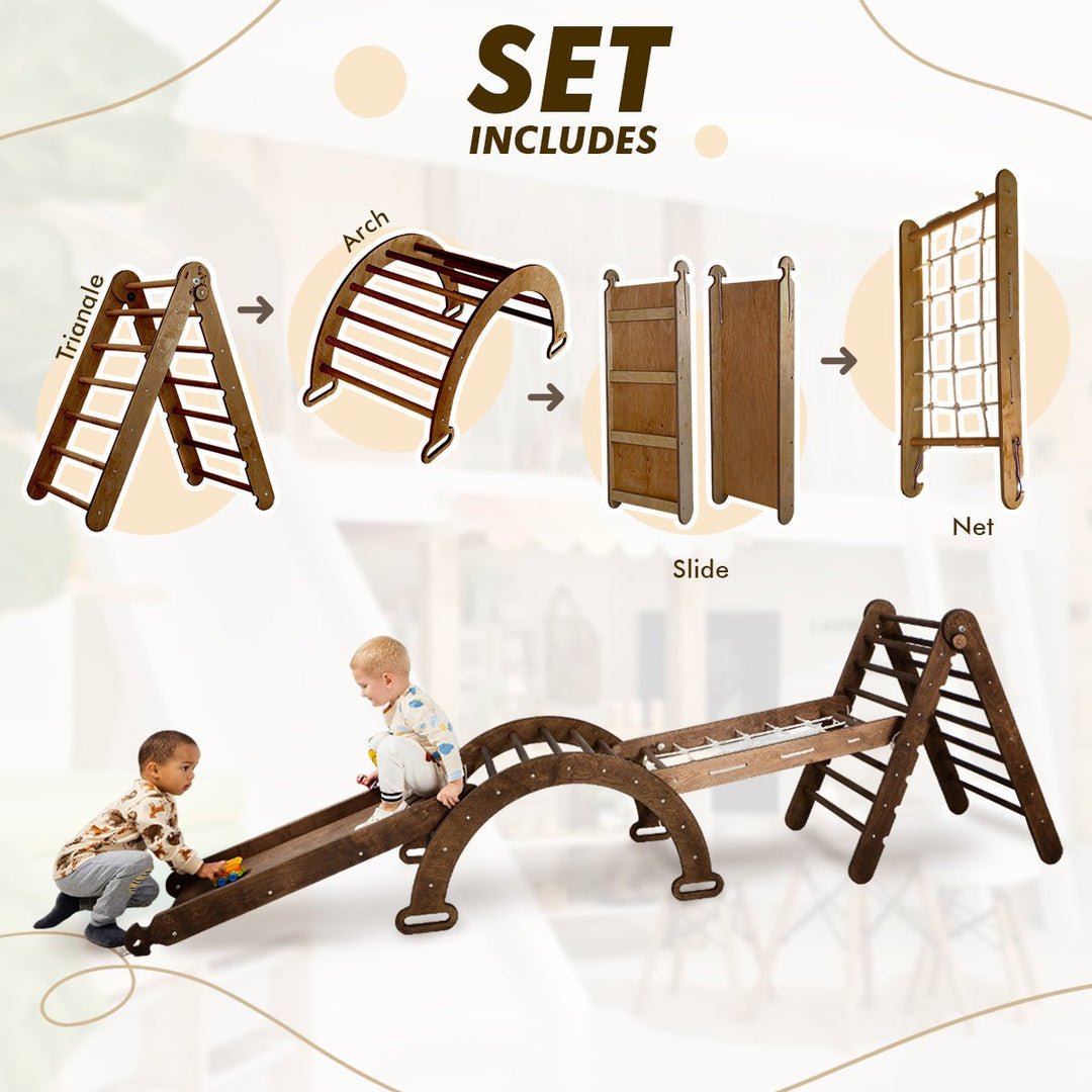 Ensemble d'escalade Montessori 4 en 1 : Échelle triangulaire + Arche/Balançoire + Toboggan/Rampe + Filet – Chocolat