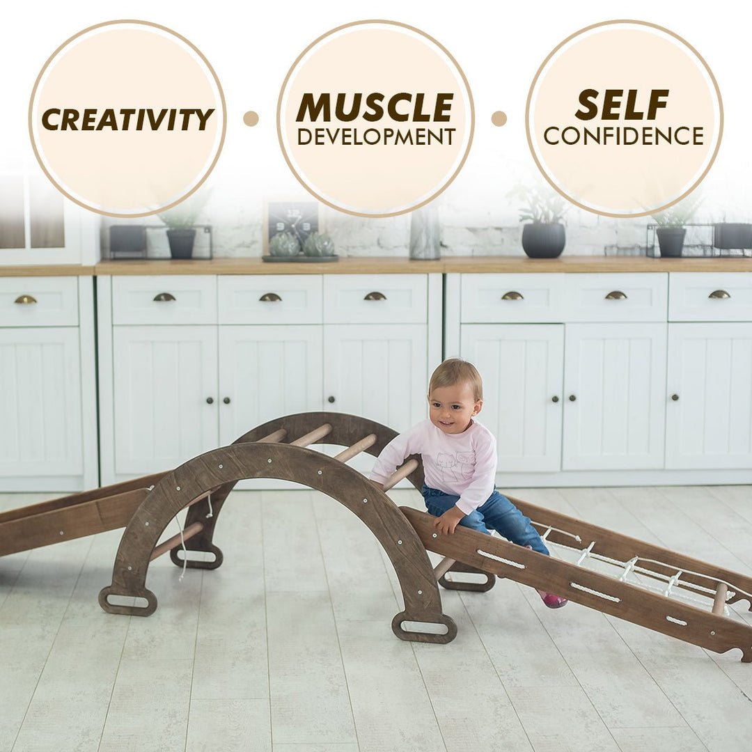 Ensemble d'escalade Montessori 4 en 1 : Échelle triangulaire + Arche/Balançoire + Toboggan/Rampe + Filet – Chocolat