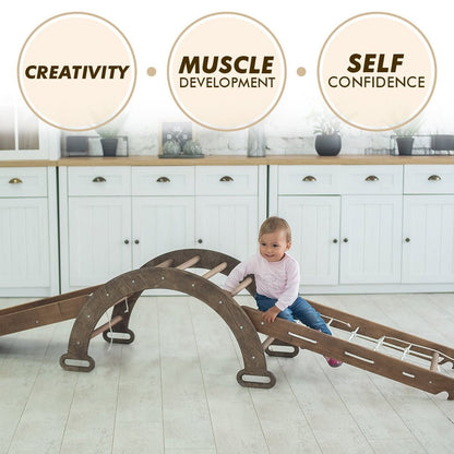 Ensemble d'escalade Montessori 4 en 1 : Échelle triangulaire + Arche/Balançoire + Toboggan/Rampe + Filet – Chocolat