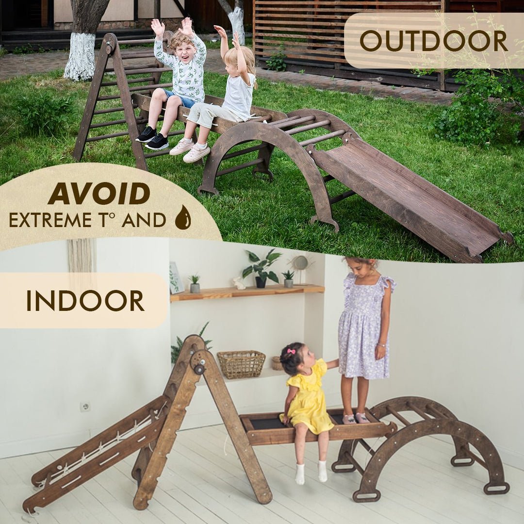 Ensemble d'escalade Montessori 4 en 1 : Échelle triangulaire + Arche/Balançoire + Toboggan/Rampe + Filet – Chocolat