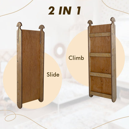 Ensemble d'escalade Montessori 4 en 1 : Échelle triangulaire + Arche/Balançoire + Toboggan/Rampe + Filet – Chocolat
