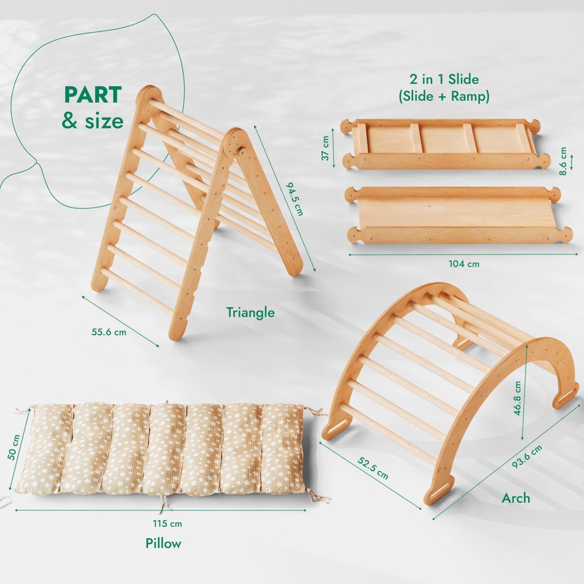 Ensemble d'escalade Montessori 4 en 1 : Échelle triangulaire + Arche d'escalade + Planche de toboggan + Coussin beige