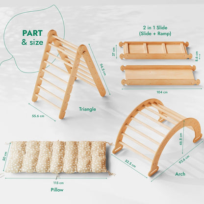 Ensemble d'escalade Montessori 4 en 1 : Échelle triangulaire + Arche d'escalade + Planche de toboggan + Coussin beige
