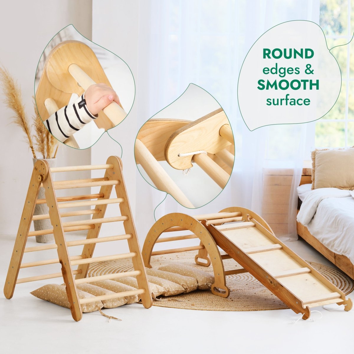 Ensemble d'escalade Montessori 4 en 1 : Échelle triangulaire + Arche d'escalade + Planche de toboggan + Coussin beige