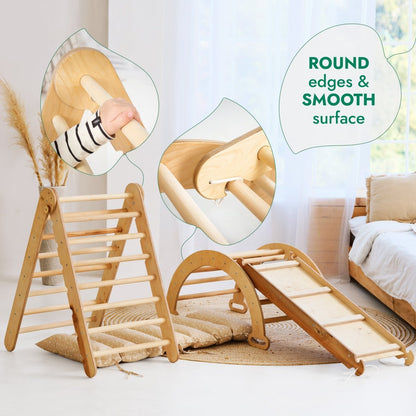 Ensemble d'escalade Montessori 4 en 1 : Échelle triangulaire + Arche d'escalade + Planche de toboggan + Coussin beige