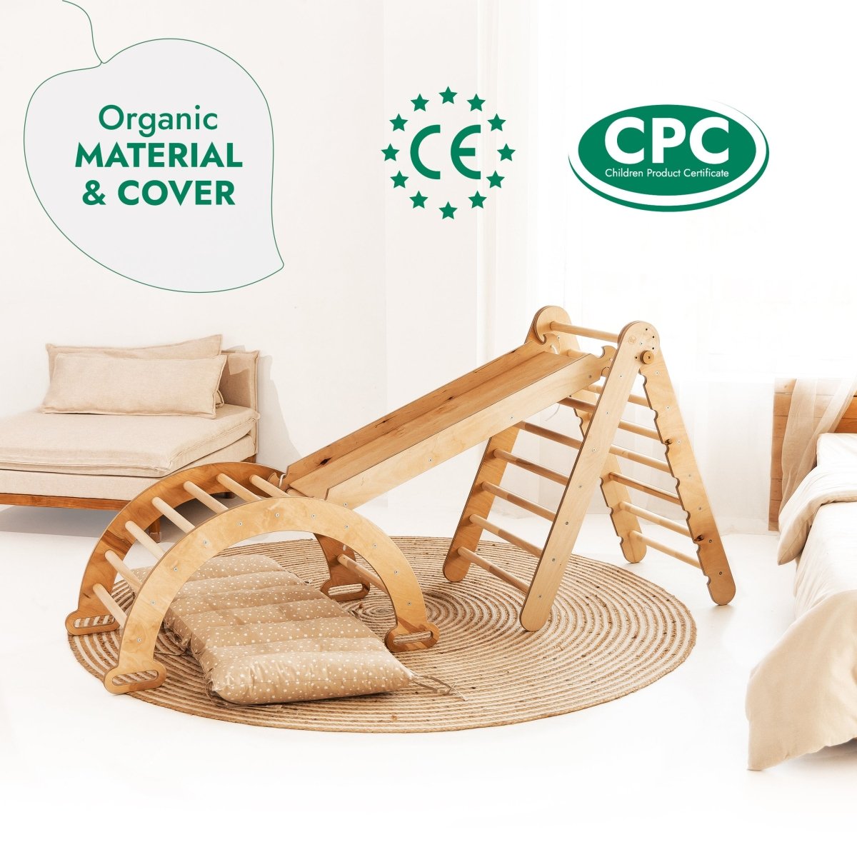 Ensemble d'escalade Montessori 4 en 1 : Échelle triangulaire + Arche d'escalade + Planche de toboggan + Coussin beige