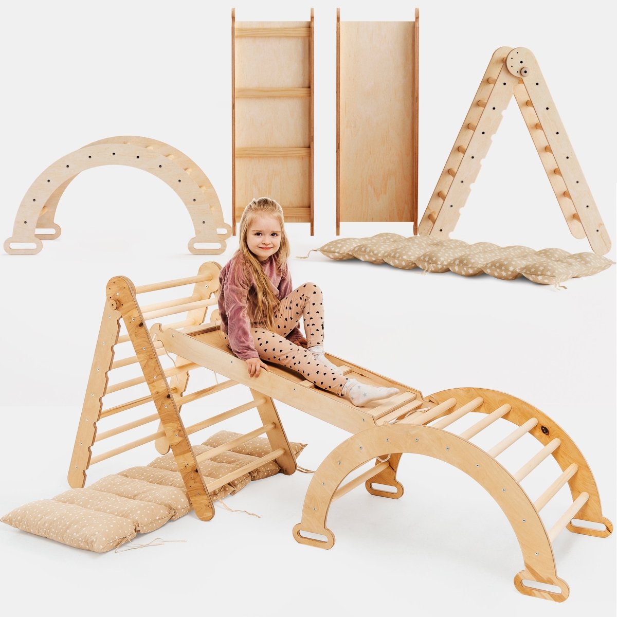 Ensemble d'escalade Montessori 4 en 1 : Échelle triangulaire + Arche d'escalade + Planche de toboggan + Coussin beige