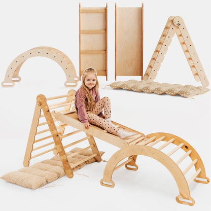 Ensemble d'escalade Montessori 4 en 1 : Échelle triangulaire + Arche d'escalade + Planche de toboggan + Coussin beige