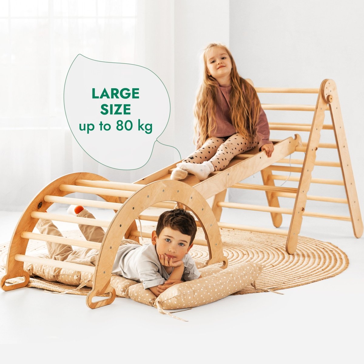 Ensemble d'escalade Montessori 4 en 1 : Échelle triangulaire + Arche d'escalade + Planche de toboggan + Coussin beige