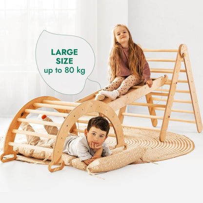 Ensemble d'escalade Montessori 4 en 1 : Échelle triangulaire + Arche d'escalade + Planche de toboggan + Coussin beige