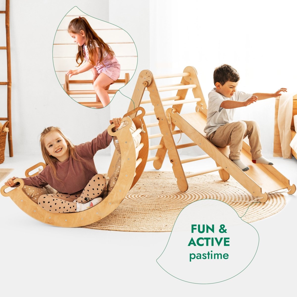Ensemble d'escalade Montessori 4 en 1 : Échelle triangulaire + Arche d'escalade + Planche de toboggan + Coussin beige