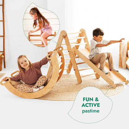 Ensemble d'escalade Montessori 4 en 1 : Échelle triangulaire + Arche d'escalade + Planche de toboggan + Coussin beige