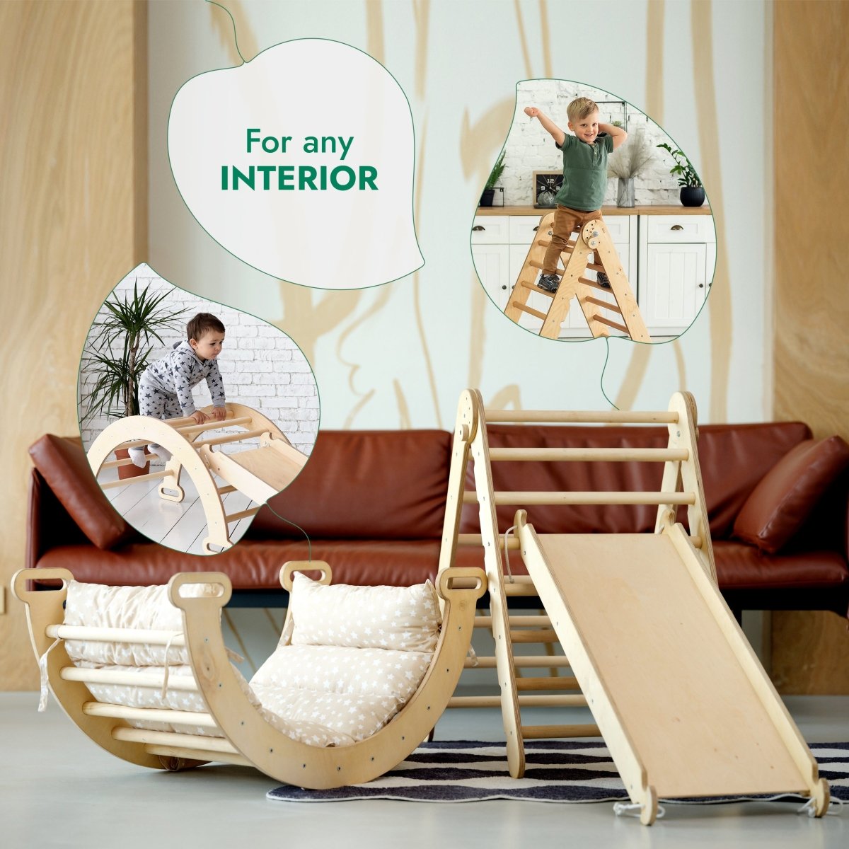 Ensemble d'escalade Montessori 4 en 1 : Échelle triangulaire + Arche d'escalade + Planche de toboggan + Coussin beige