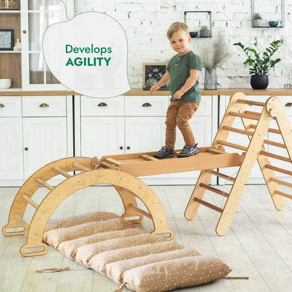 Ensemble d'escalade Montessori 4 en 1 : Échelle triangulaire + Arche d'escalade + Planche de toboggan + Coussin beige