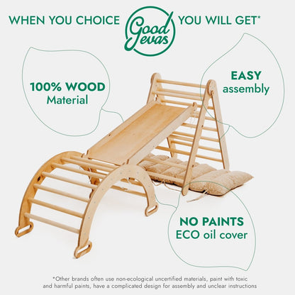Ensemble d'escalade Montessori 4 en 1 : Échelle triangulaire + Arche d'escalade + Planche de toboggan + Coussin beige