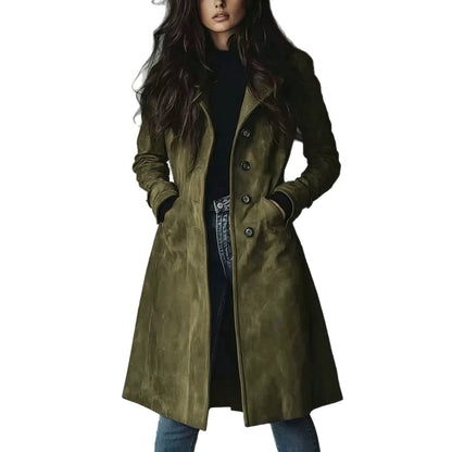 Trench-coat à revers en daim pour femme – Veste mi-longue ceinturée pour l'automne et l'hiver