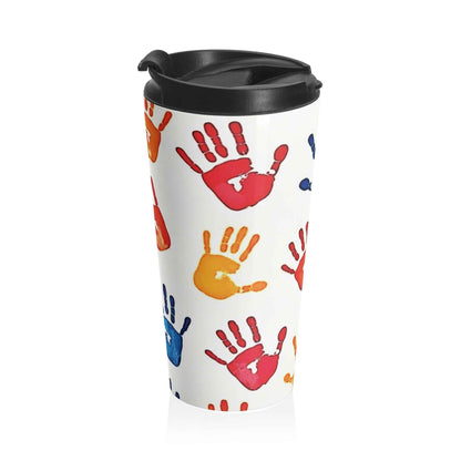 Mug de voyage en acier inoxydable avec empreintes de mains colorées — Motif artistique pour enfants, gobelet à café anti-déversement