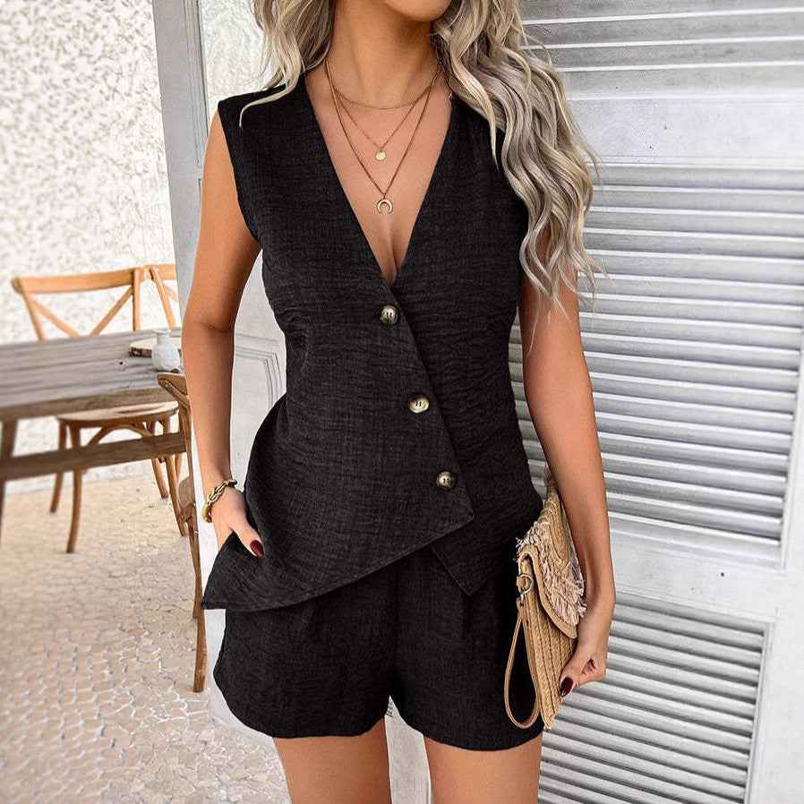 Ensemble débardeur à col en V asymétrique et short décontracté et tendance pour femme