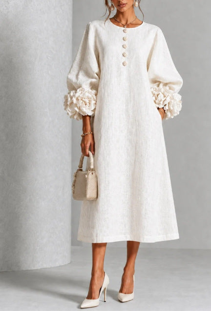 Robe trapèze à fleurs 3D pour femme – Robe de soirée et de mariage style français à manches bouffantes