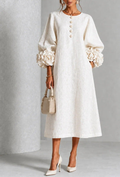 Robe trapèze à fleurs 3D pour femme – Robe de soirée et de mariage style français à manches bouffantes
