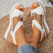 Sandales compensées à bout ouvert avec fond léger en corde de chanvre décorative à boucle métallique pour femmes fortes