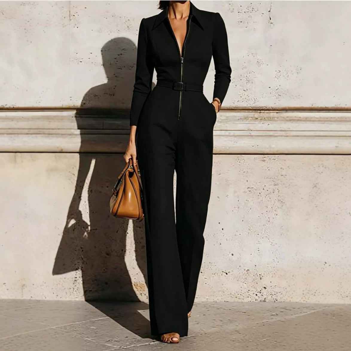 Combinaison femme automne-hiver à col en V et ceinture – Modèle une pièce à manches longues, fermeture zippée et jambes droites