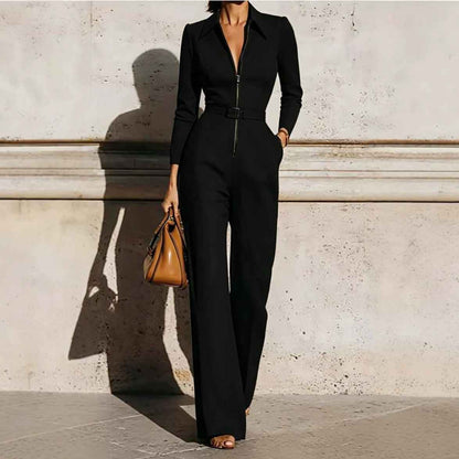 Combinaison femme automne-hiver à col en V et ceinture – Modèle une pièce à manches longues, fermeture zippée et jambes droites