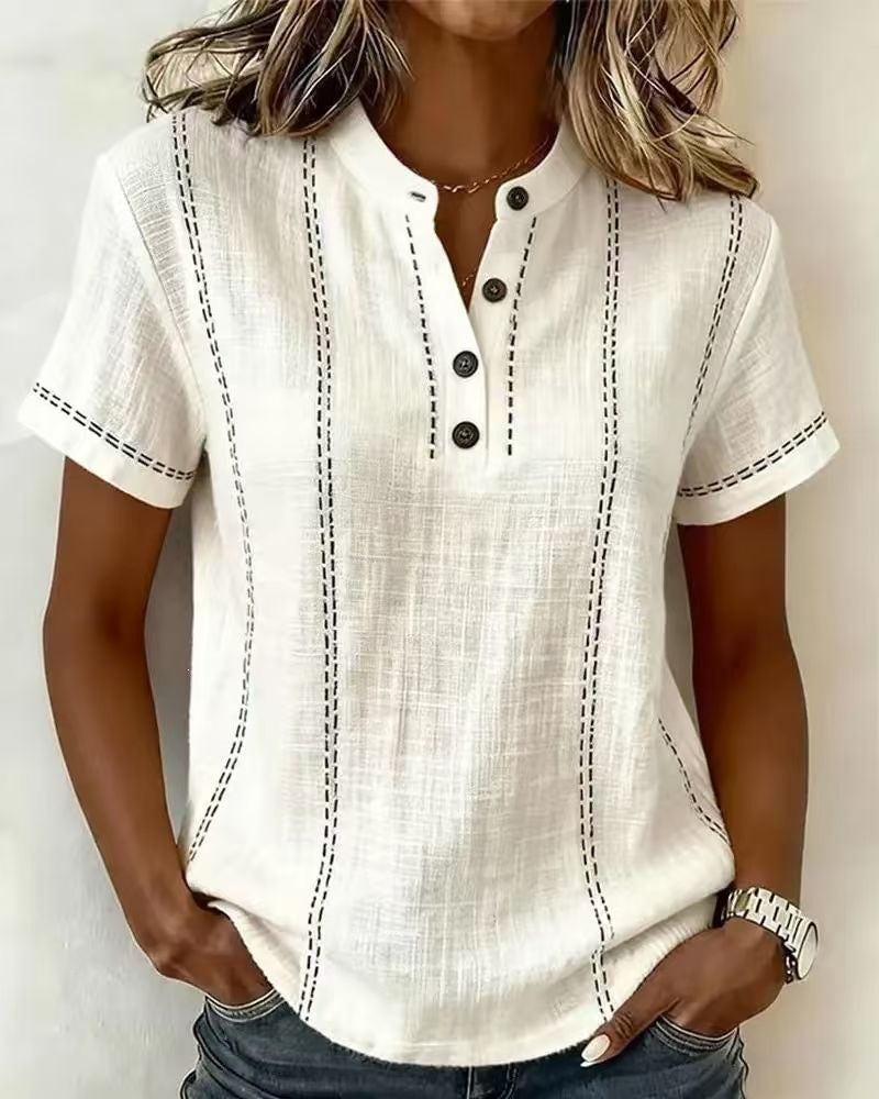 Chemisiers d'été à rayures, manches courtes, col montant, col en V, boutonnés, vêtements pour femmes