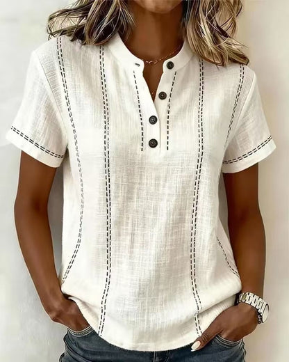 Chemisiers d'été à rayures, manches courtes, col montant, col en V, boutonnés, vêtements pour femmes
