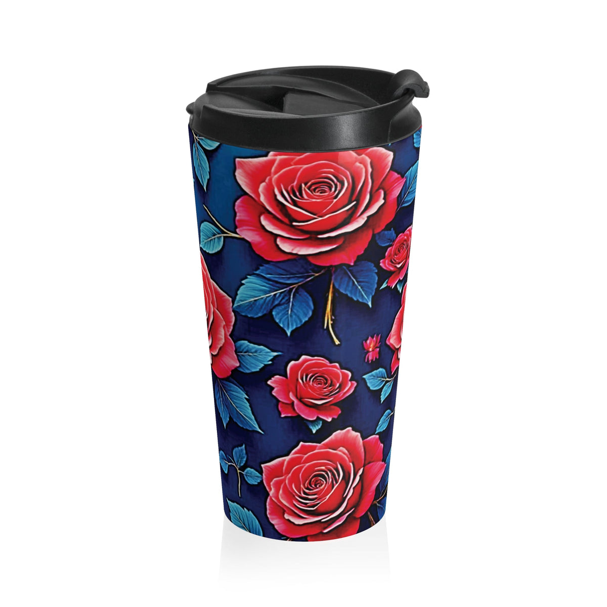 Mug de voyage en acier inoxydable motif floral roses rouges