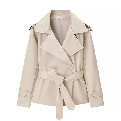 Trench court ceinturé uni pour femme – Veste courte style européen avec nouage à la taille