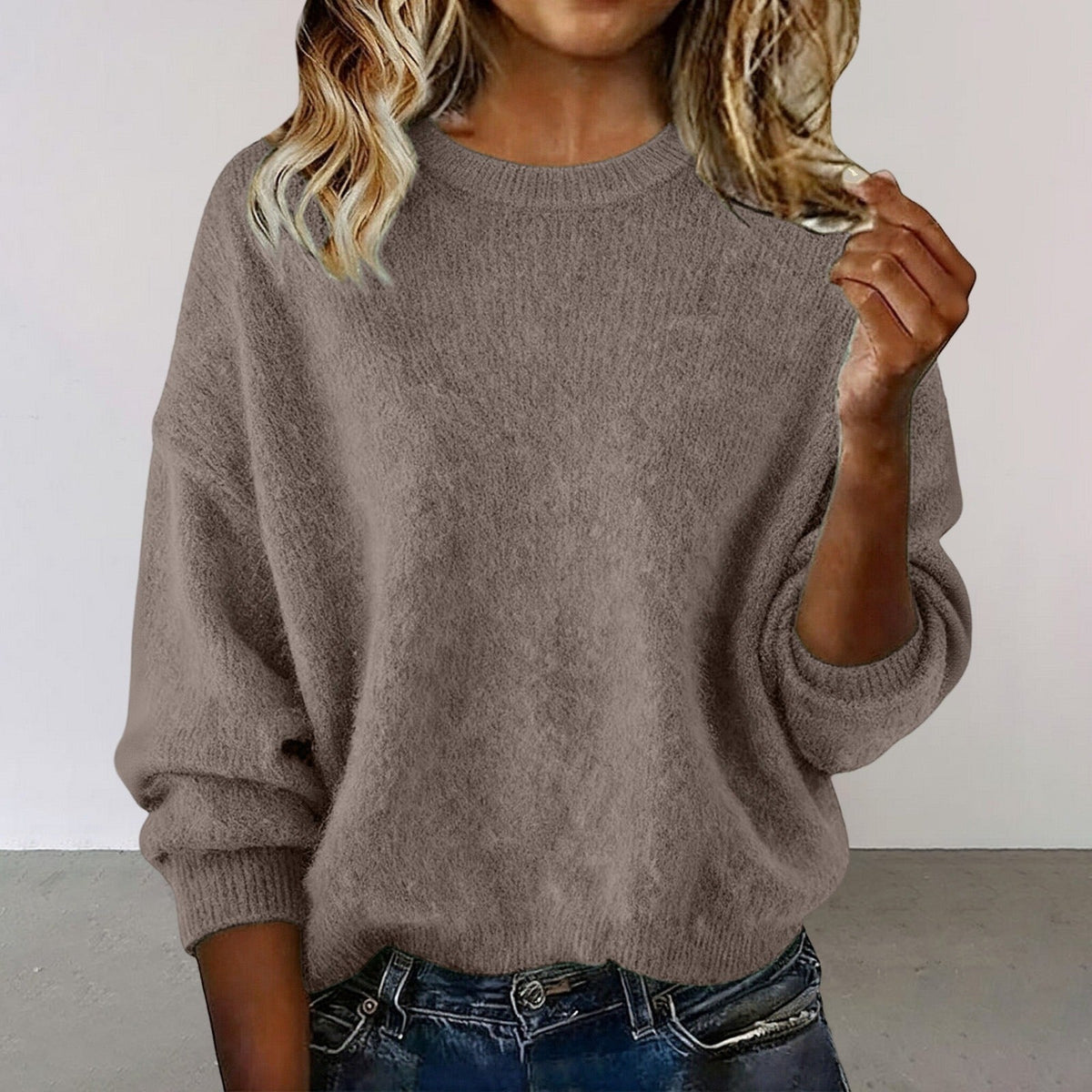 Nouveauté pull ras du cou femme couleur unie – Tricot décontracté ample pour l'automne