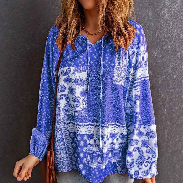 T-shirt chemisier ethnique imprimé à manches longues pour femme