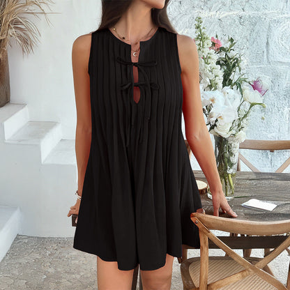 Robe courte plissée à lacets de couleur unie pour femme – Robe d'été décontractée sans manches pour soirée