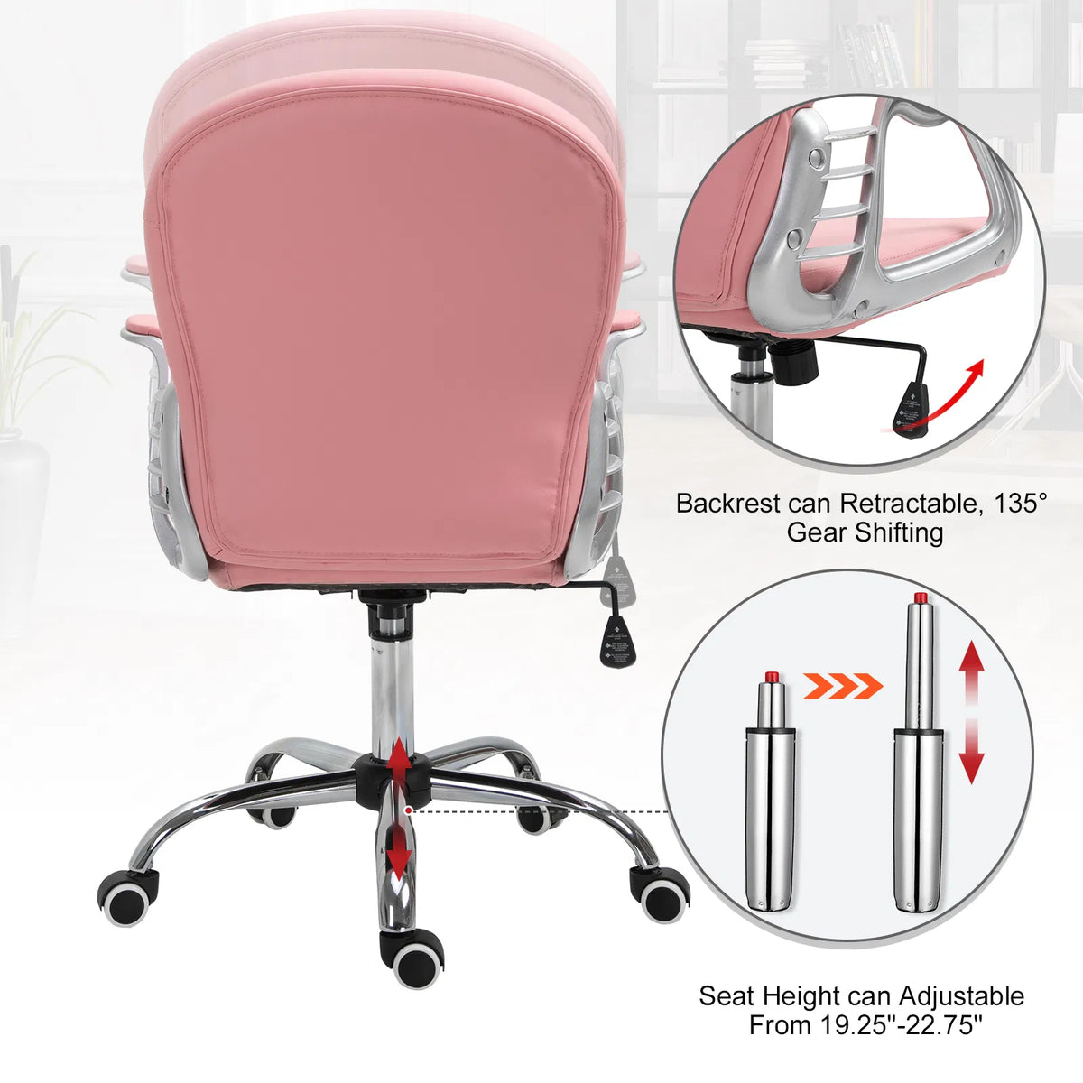 Chaise de bureau rose – Chaise d'ordinateur à hauteur réglable avec dossier capitonné (livraison aux États-Unis et au Canada uniquement)