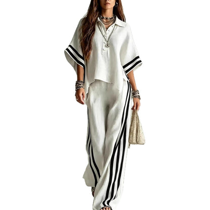 Ensemble deux pièces chemise à manches courtes et pantalon ample pour femme