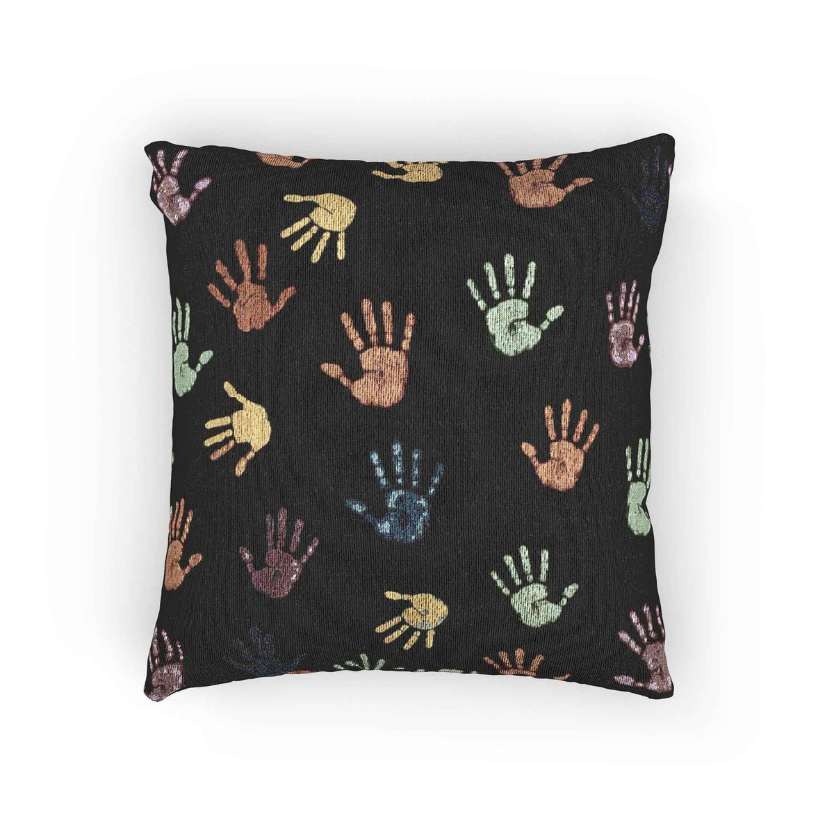 Colorful Handprint Pattern Pillow | Multicolor Hands on Black Throw Pillow