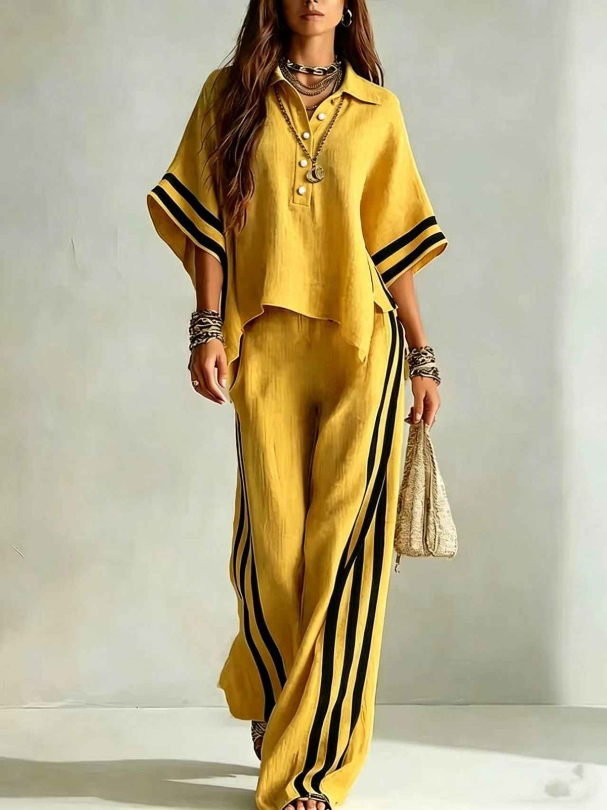 Ensemble deux pièces chemise à manches courtes et pantalon ample pour femme