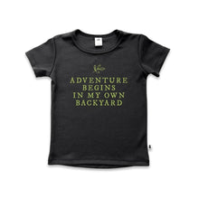 Baby/Kids Graphic Bamboo T-Shirt | Adventures Begin In My Own Backyard In Black