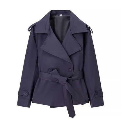 Trench court ceinturé uni pour femme – Veste courte style européen avec nouage à la taille