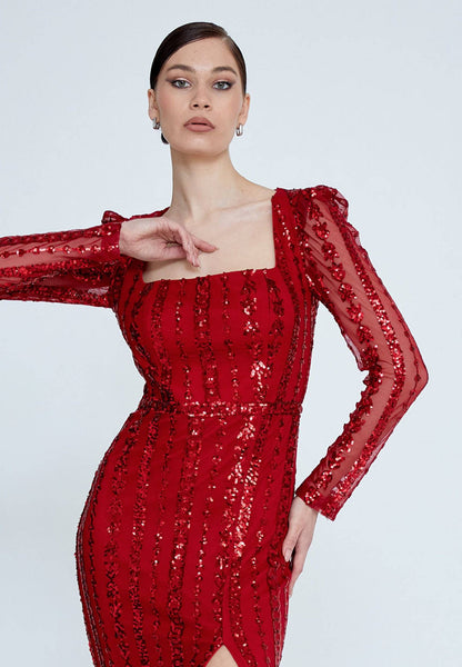 Robe mi-longue à sequins et manches longues - Rouge