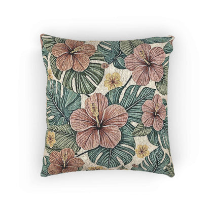 Coussin décoratif tissé à motifs de fleurs d'hibiscus tropicales | Coussin botanique