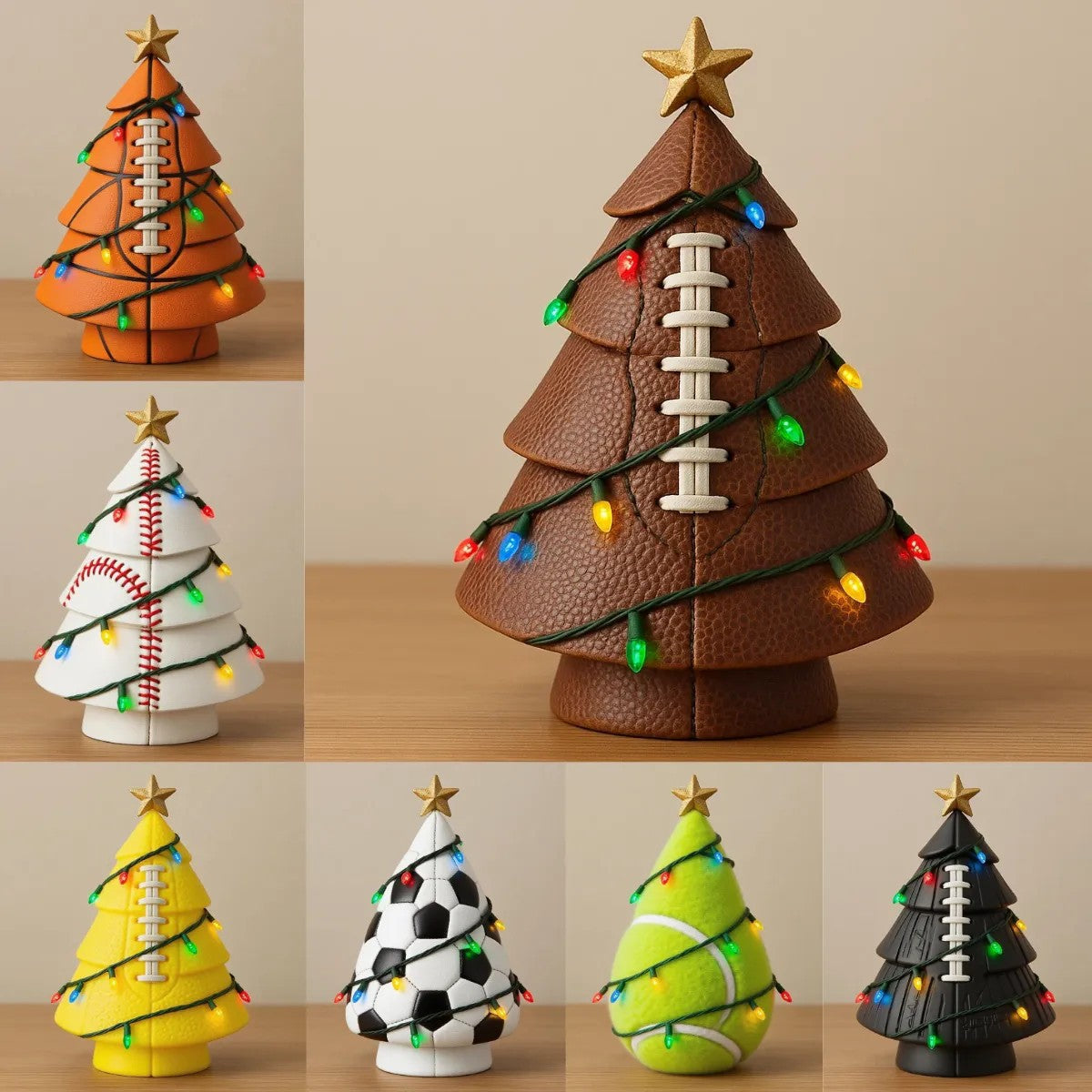 Sports Ball Christmas Tree Figurine - Resin Holiday Tabletop Decoration