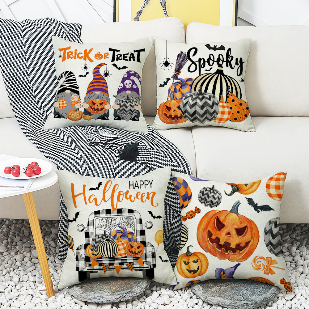 Housse de coussin Halloween voiture dessin animé citrouille – Taie d'oreiller décorative style nordique pour canapé 45×45 cm