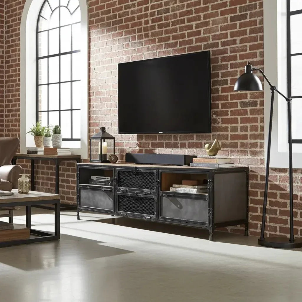 TV stand Ibiza in mango wood and raw steel