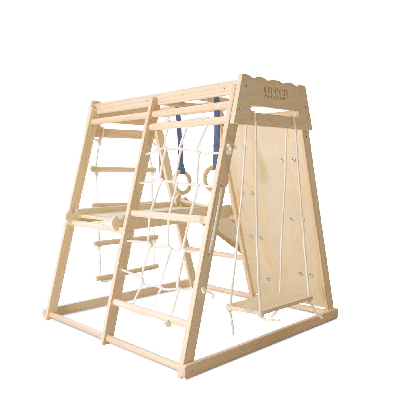 Portique d'escalade en bois 7-en-1 avec toboggan, filet d'escalade et balançoire pour enfants