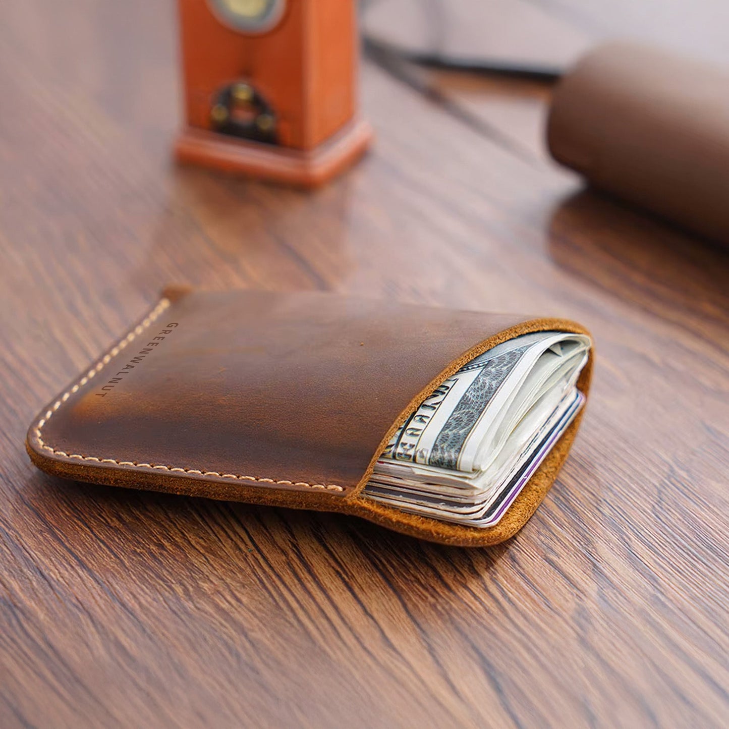 Porte-cartes minimaliste en cuir véritable | Portefeuille fin en cuir fait main
