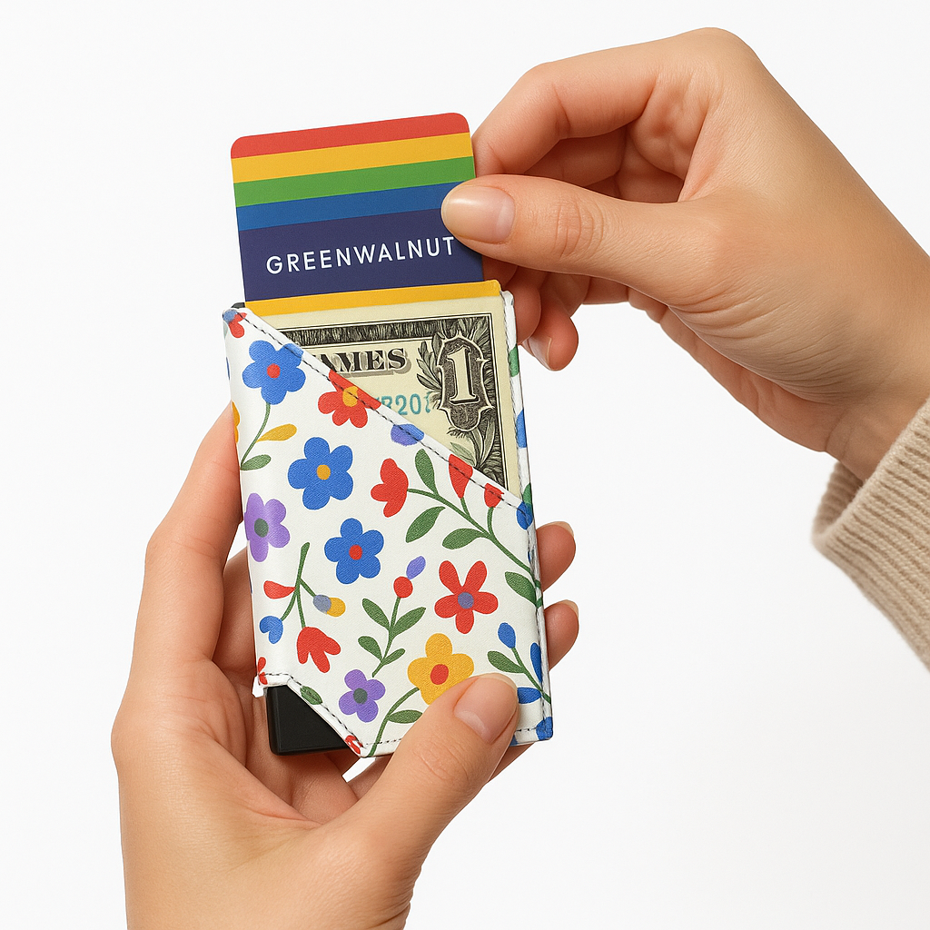 Porte-cartes Pop-Up Fin | Porte-cartes de crédit en aluminium à motif floral | Porte-cartes de crédit minimaliste anti-RFID à éjection automatique